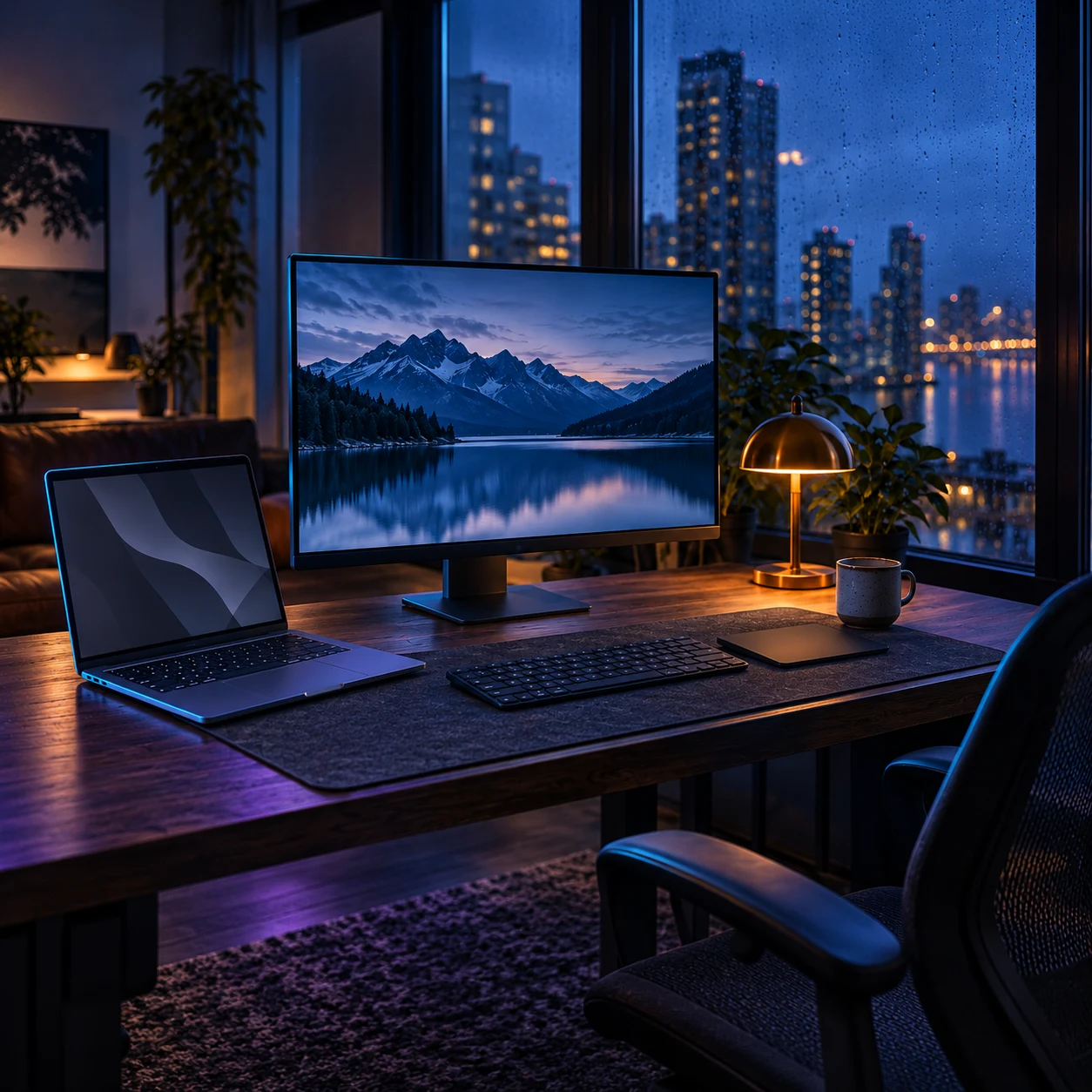 A laptop and monitor in a quiet city workspace at blue hour.